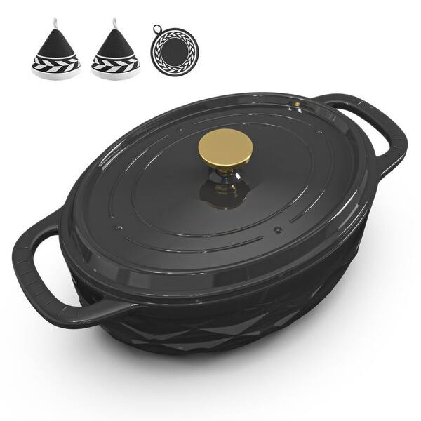 7.5 qt. Oval Enameled Cast Iron Dutch Oven in Black with Oven Mitts and Pot Holder for Baking, Braising, and Stewing
