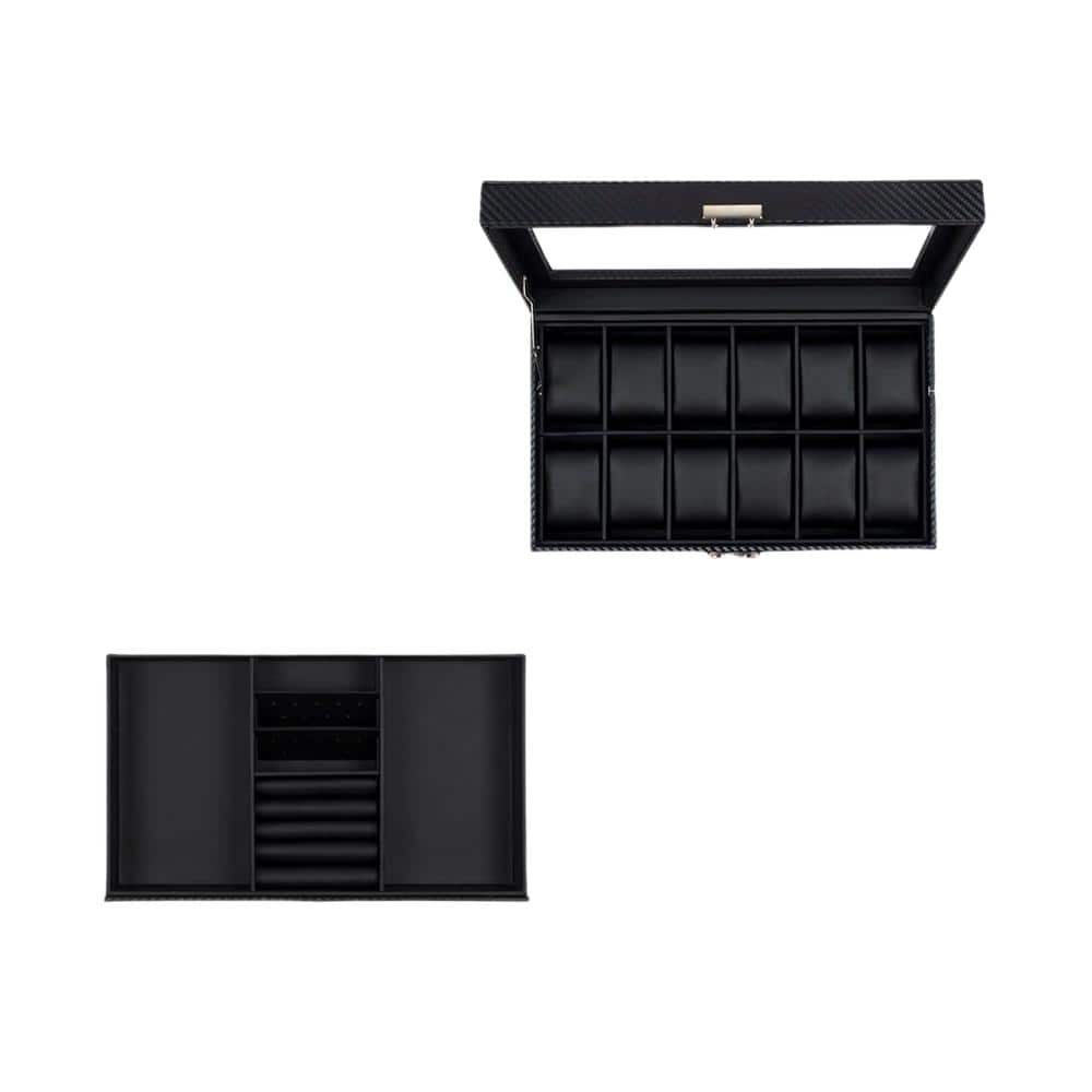 12-Slot Faux Leather Watch Box, Watch Case with Real Glass Lid and Jewelry 