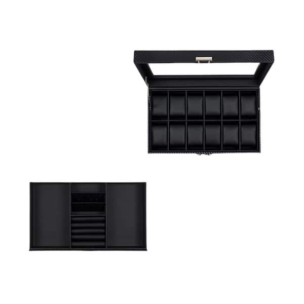 Angel Sar 12-Slot Faux Leather Watch Box, Watch Case with Real Glass Lid and Jewelry Case for Men and Women, Black
