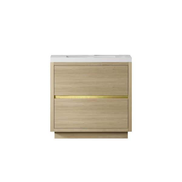 36 in. W x 20 in. D x 35 in. H Single Sink Freestanding Bath Vanity in Oak Natural Wood with White Solid Surface Top