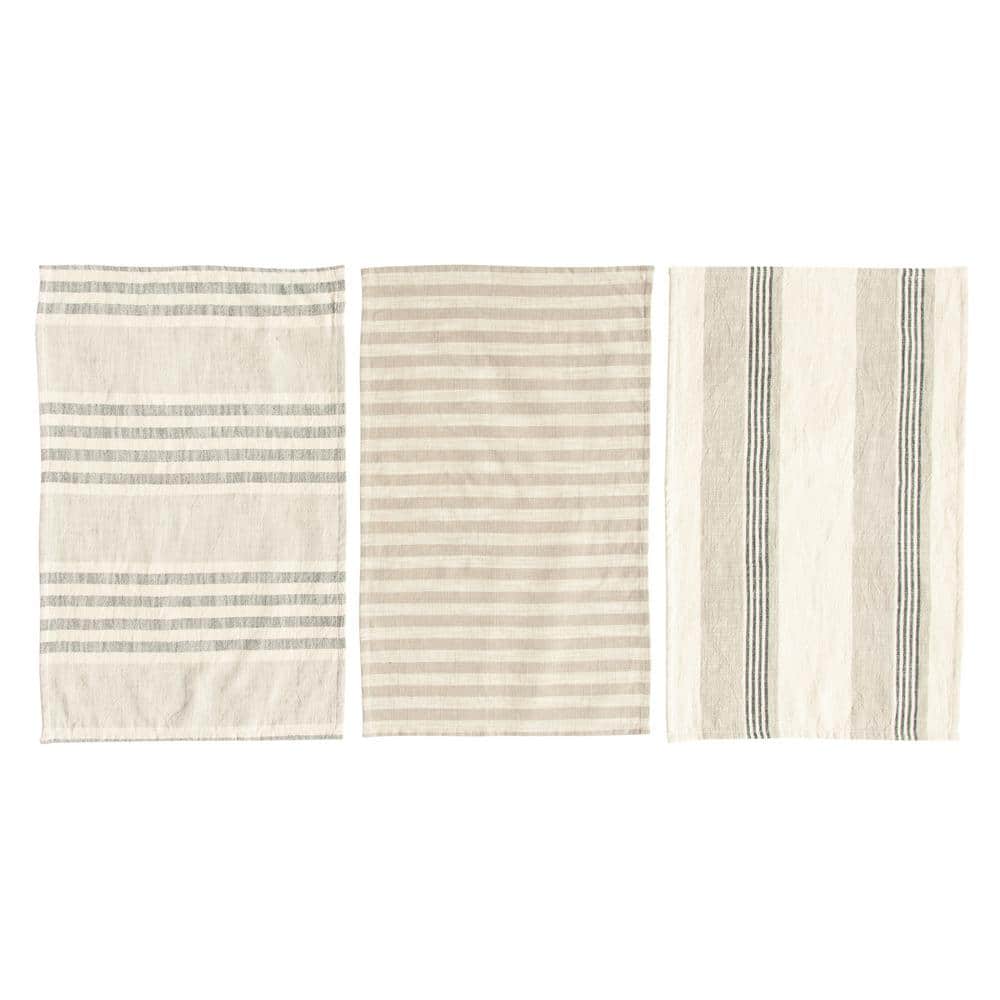 Tan and Grey Striped Cotton Tea Towels Set of 3