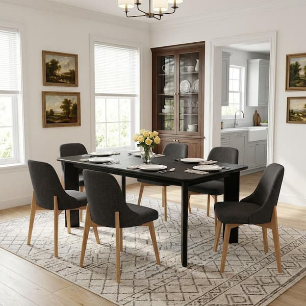 7 Piece Black Modern Rectangular Wood Top 67 in. 4 Leg Base Dining Table Set Seats 6