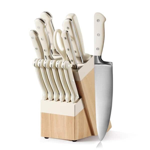 14-Piece High Carbon Stainless Steel Knife Set with Wooden Block, Forged,  Sharp Blade, Dishwasher Safe Cutlery, Cream