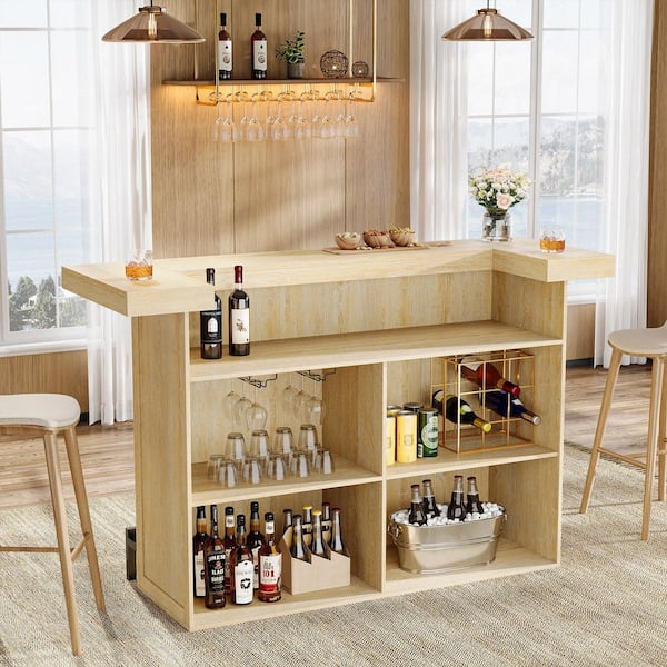 Kearsten Wooden Bar Table with 5 Muti-Bottle Complements, Light Brown Bar Counter Cocktail Table for Bars, Dining Room