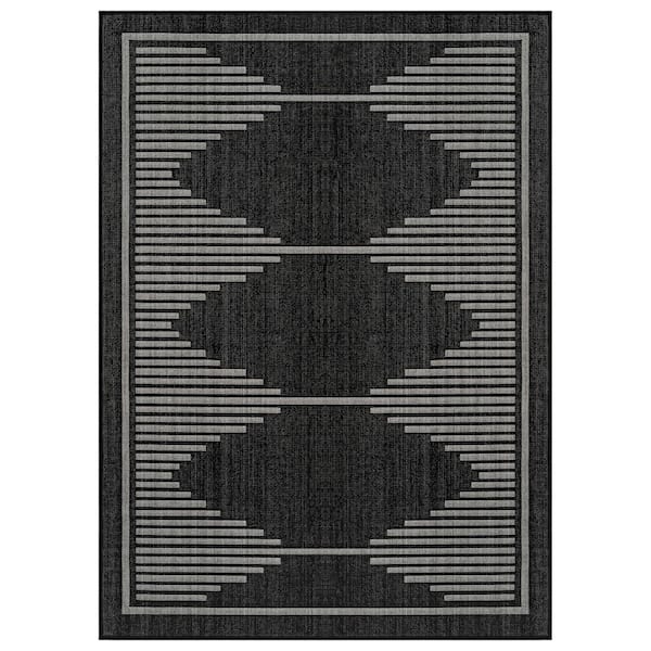 Geometric Black/Ivory Easy-Care Jute-Style Indoor/Outdoor Flat Woven 2 ft. x 3 ft. Black Area Rug