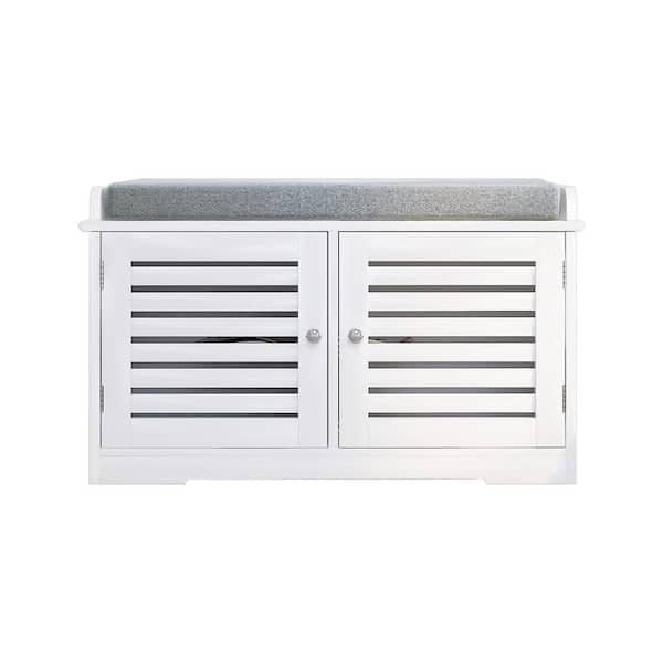 16.93 in. H x 28.74 in. W Wood Shoe Storage Bench with Padded Seat Cushion, Entryway Bench with 2-Barn Doors-White
