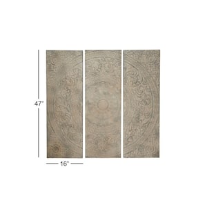 47 in. x 16 in. Each Large Stone Gray Decorative Carved Wood Wall Decor Panels with Radial Acanthus Carvings (Set of 3)