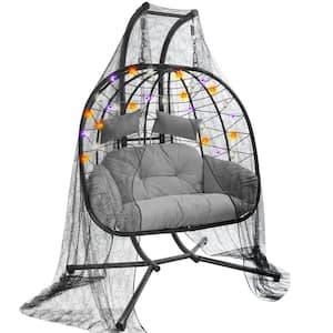 Patio Outdoor Halloween Black Rattan Wicker Swing 2-Person Recliner Egg Chair with Gray Cushion and Spider Cloth