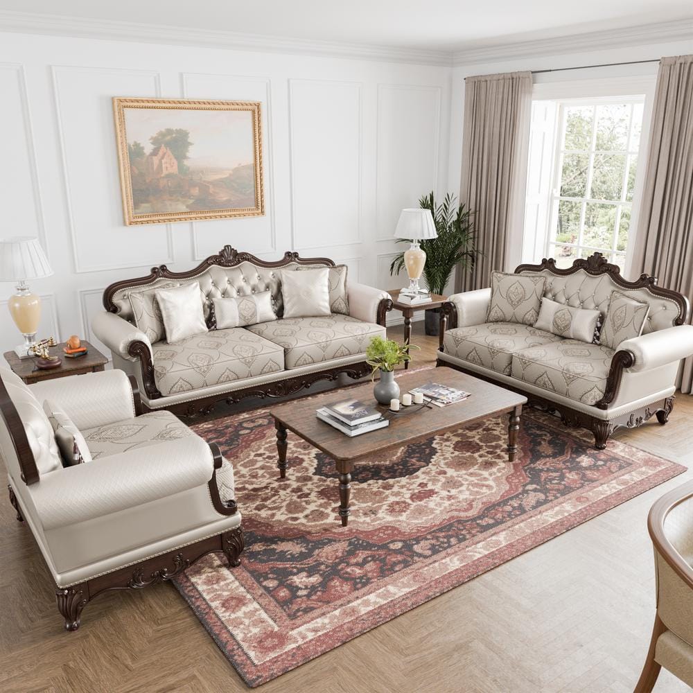 Noel 3 Piece Dark Chery and Beige Polyester Living Room Set
