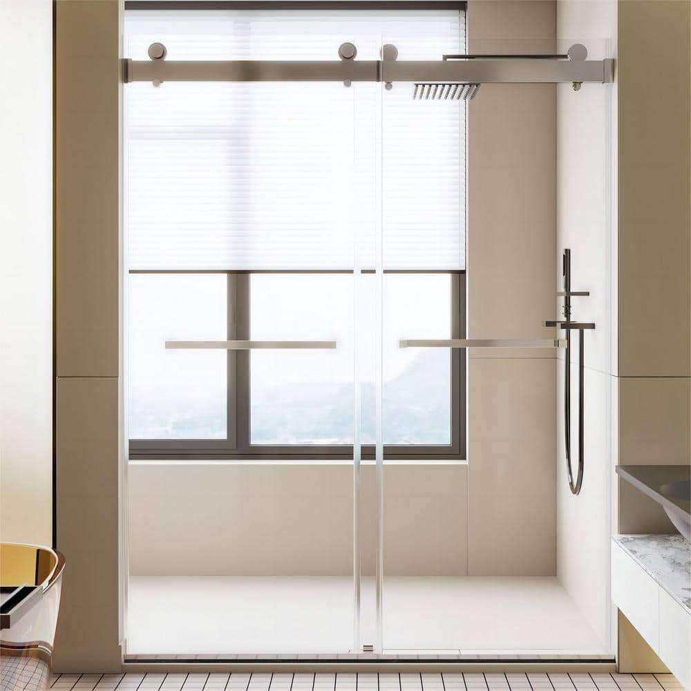 ANGELES HOME 56-60 in. W x 76 in. H Sliding Semi-Frameless Shower Door in Chrome Finish with Clear Glass, 3/8 in. (10 mm)