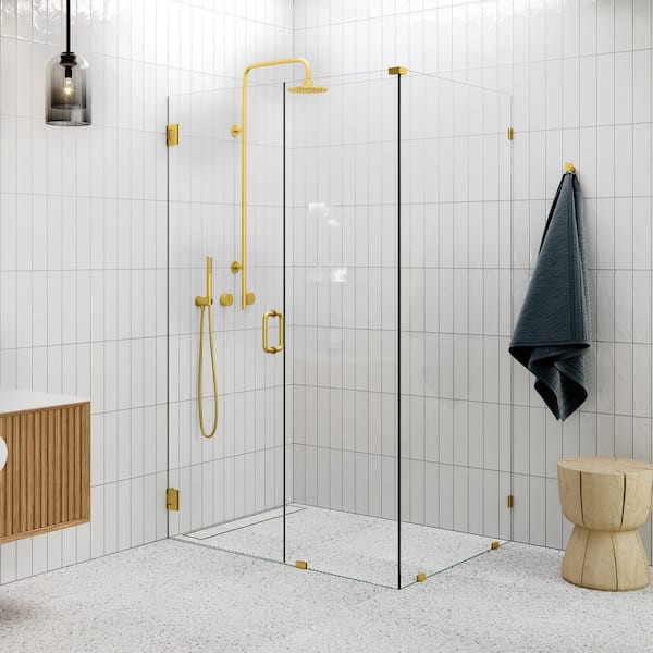 Glass Warehouse 46.5 in. W x 34.5 in. D x 78 in. H Pivot Frameless Corner Shower Enclosure in Satin Brass Finish with Clear Glass