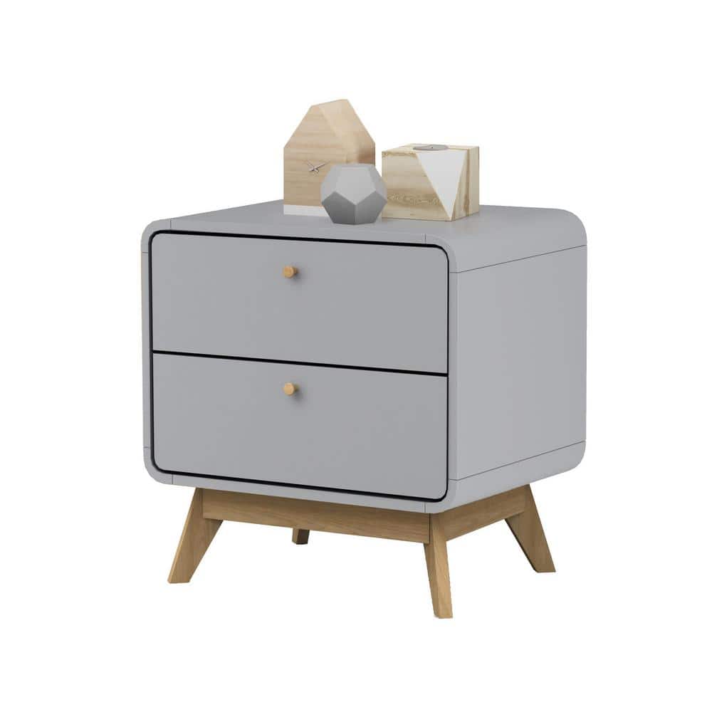 Gray Scandinavian 2-Drawer Nightstand with Natural Wood Legs