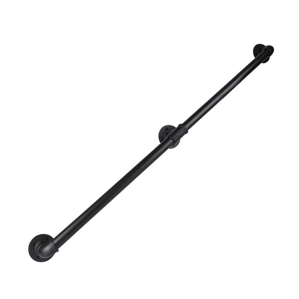 5 ft. Black Metal Pipe Stair Handrail for Indoor and Outdoor Wall Mount Sup