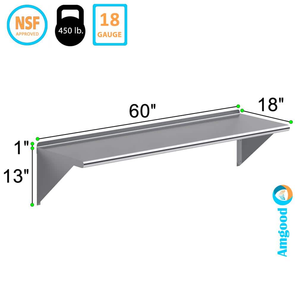 60" Stainless Steel Wall Shelf with Brackets
