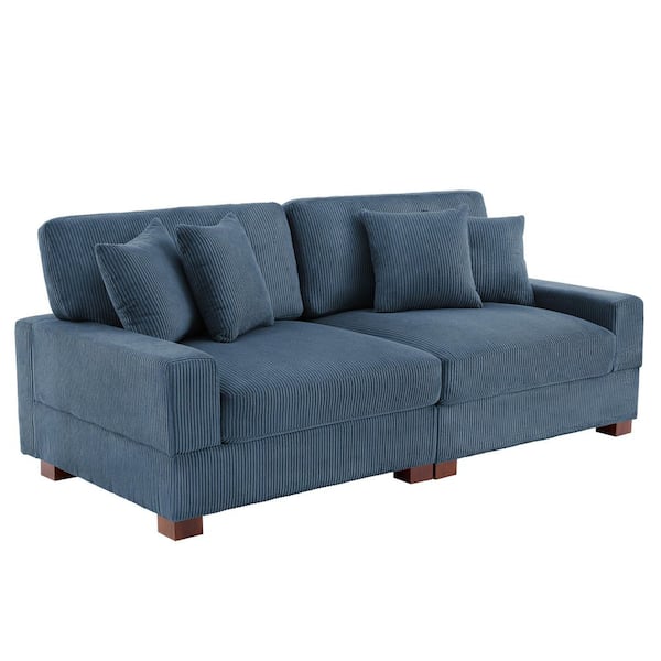 83 in. Square Arm Corduroy Fabric Upholstered Sectional 2-Seats Modular Sofa in Navy Blue with 4-Pillows