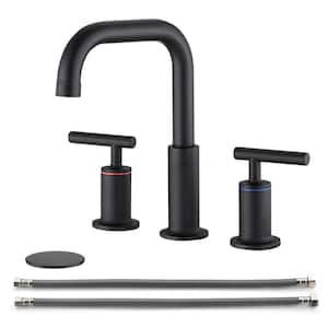 8 in. Widespread Double Handle Mid Arc Bathroom Faucet with Drain Kit Included in Matte Black