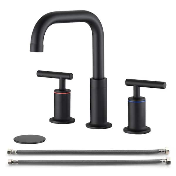 Staykiwi 8 in. Widespread Double Handle Mid Arc Bathroom Faucet with Drain Kit Included in Matte Black