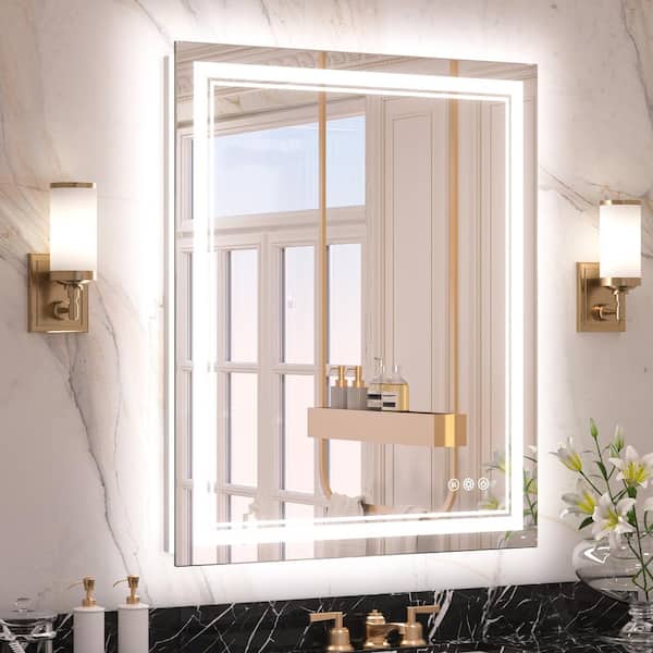 KeonJinn 28 in. W x 36 in. H Rectangular Frameless LED Light Anti-Fog Wall Bathroom Vanity Mirror with Frontlit and Backlit