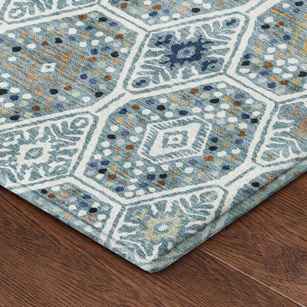 Mayfield Premium Machine Washable Abstract AMF2471 Teal 8 ft. x 8 ft. Round Rug