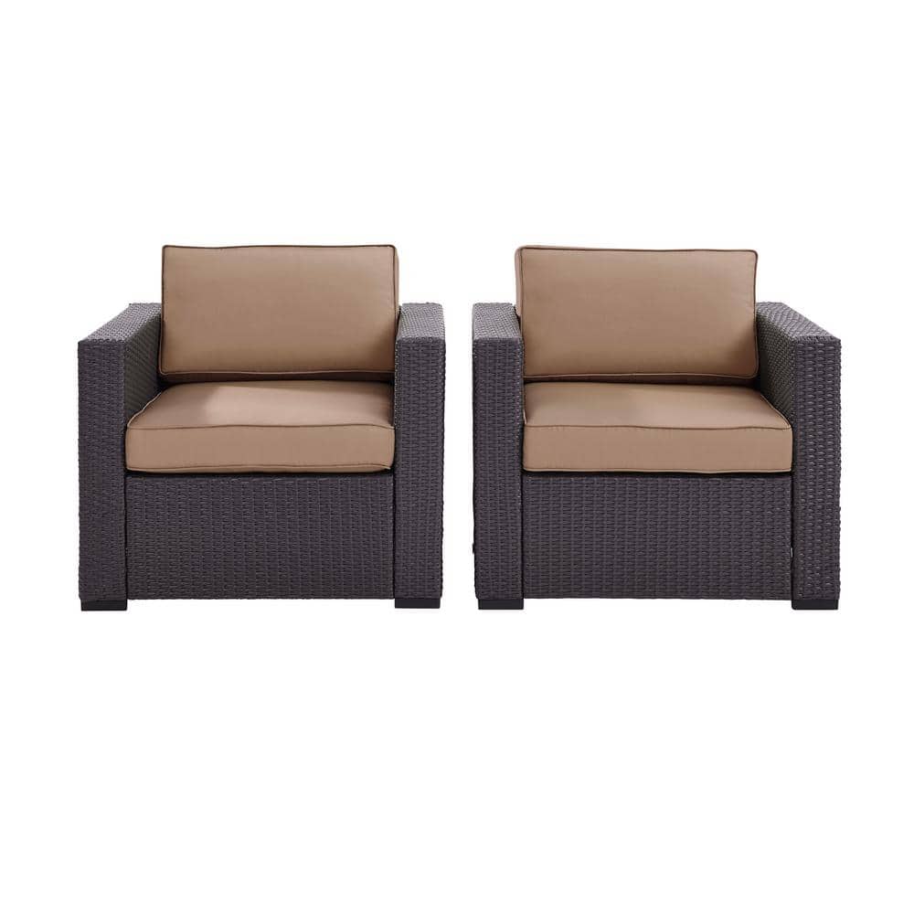 Mocha Resin Wicker Patio Arm Chairs with Cushions, Set of 2