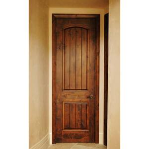 36 in. x 80 in. Knotty Alder 2 Panel Right-Hand Top Rail Arch V-Groove Grey Stain Wood Single Prehung Interior Door