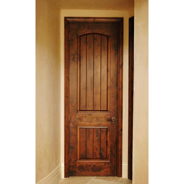 30 in. x 80 in. Knotty Alder 2 Panel Left-Hand Arch V-Groove Red Chestnut Stain Solid Wood Single Prehung Interior Door