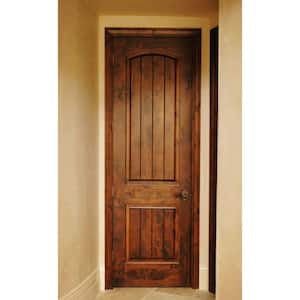 30 in. x 80 in. Knotty Alder 2 Panel Right-Hand Arch V-Groove Red Mahogany Stain Wood Single Prehung Interior Door