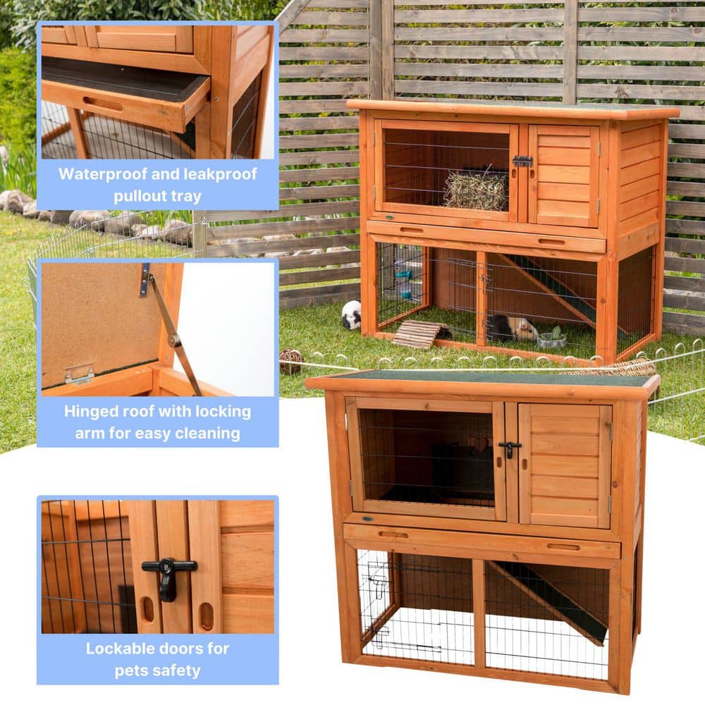 Two-Story Pine Wood Guinea Pig Hutch with Ramp