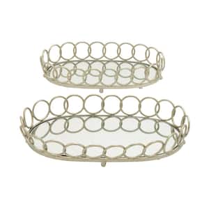 Silver Metal Mirrored Geometric Decorative Tray with Circle Patterned Sides (Set of 2)