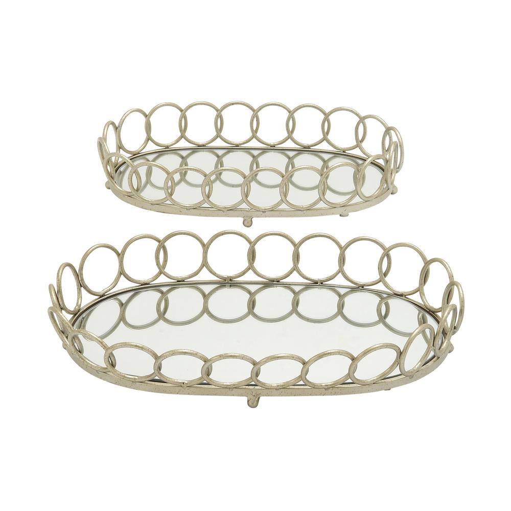 Elegant Silver Mirrored Oval Tray Set, 22" & 18"W with Geometric Pattern