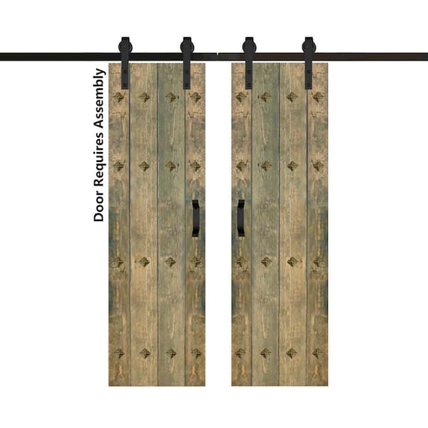 ISLIFE Mid-Century New Style 48 in. x 84 in. Aged Barrel Finished Solid Wood Double Sliding Barn Door with Hardware Kit