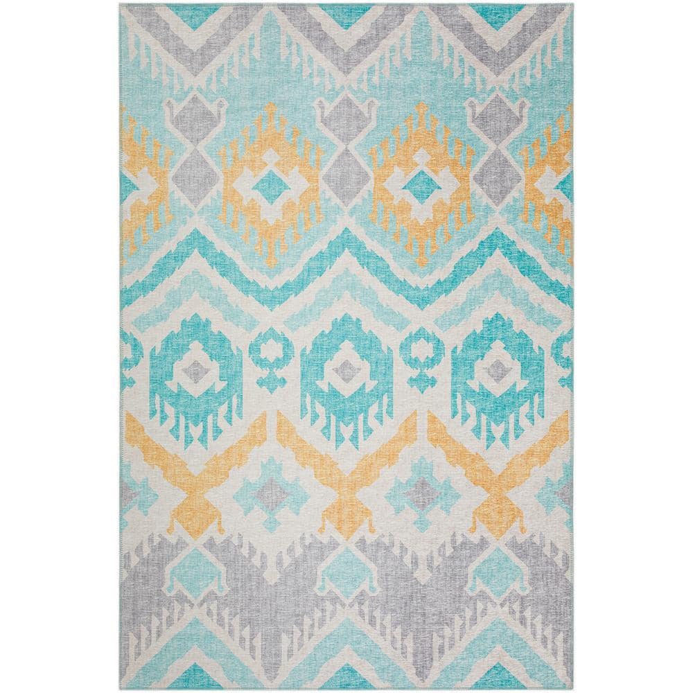 Yuma Blue 10 ft. x 14 ft. Geometric Indoor/Outdoor Washable Area Rug