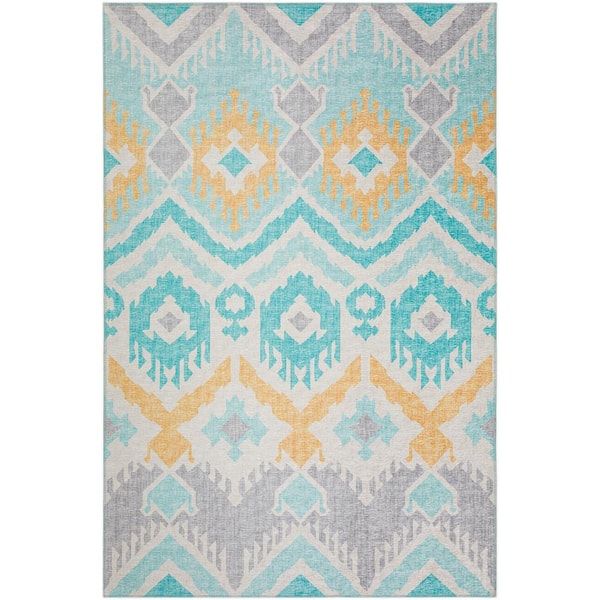Yuma Blue 10 ft. x 14 ft. Geometric Indoor/Outdoor Washable Area Rug