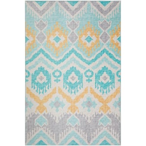 Yuma Blue 3 ft. x 5 ft. Geometric Indoor/Outdoor Washable Area Rug