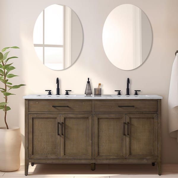 SUDIO Cove 60 in. W Bath Vanity in Antique Brown with Engineered Stone Top in Carrara White with White Sinks