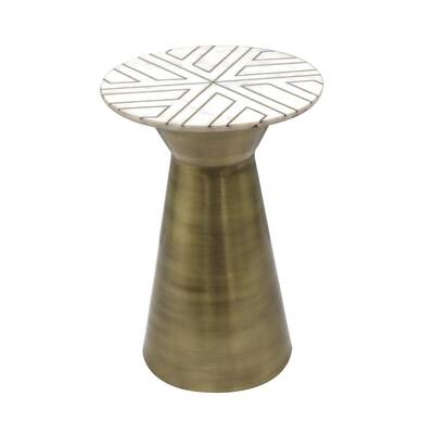 Borealis 16 in. White Marble and Antique Brass Round End Table