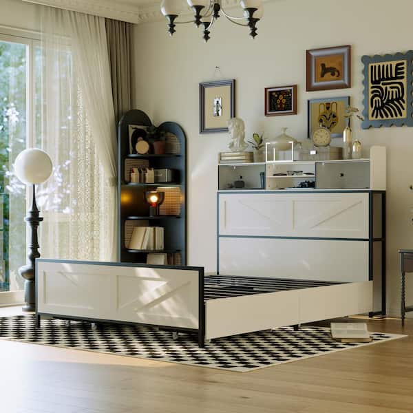 Black and White Wood and Metal Frame Queen Size Platform Bed with 5-Open Shelves, 4-Hiden Drawrers, 8-Legs and LED Light