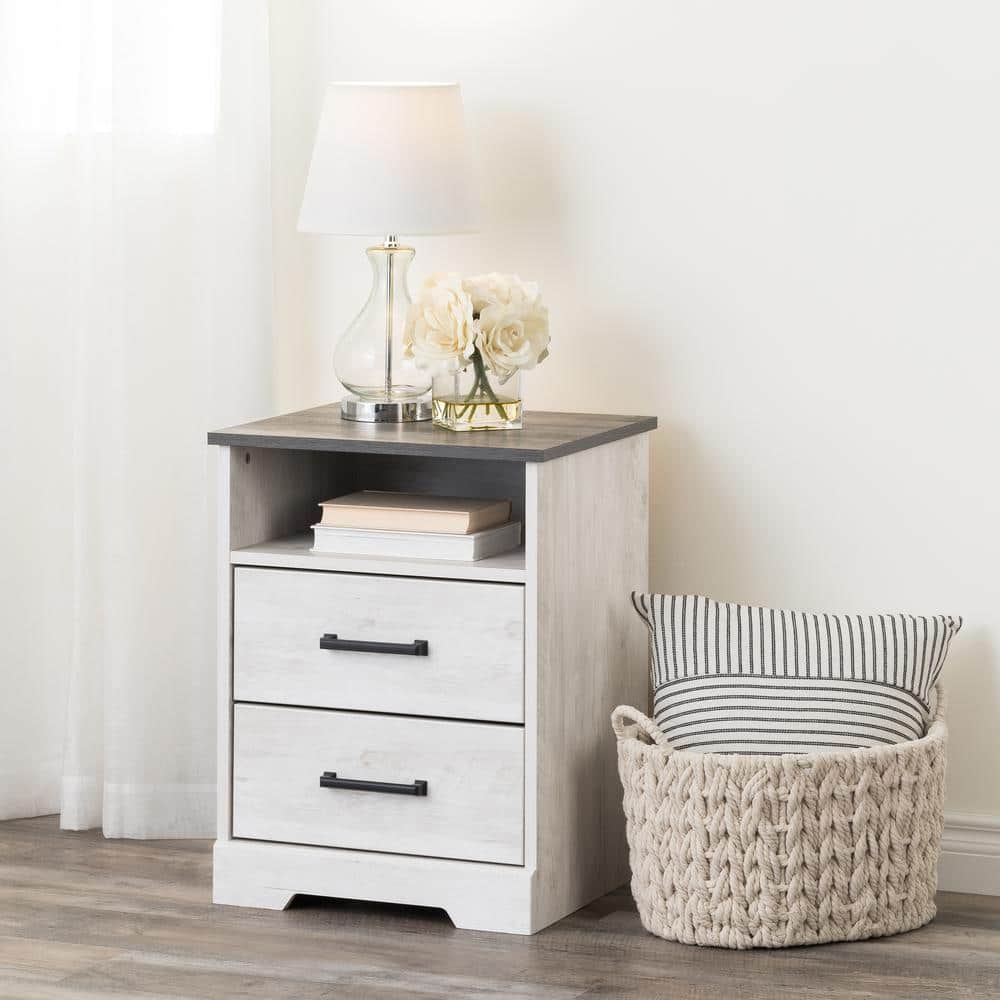 Washed White 2-Drawer Nightstand with Open Cubby and Gray Top