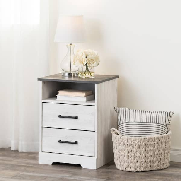 Prepac Rustic Ridge Washed White 2-Drawer 18.75 in. x 24.5 in. x 16.25 in. Nightstand with Open Cubby, Wooden Bedside Table