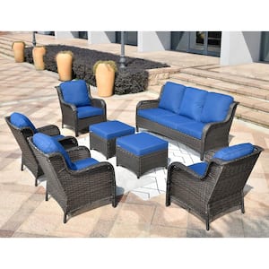 Erie Lake Brown 7-Piece Wicker Outdoor Patio Conversation Seating Sofa Set with Navy Blue Cushions