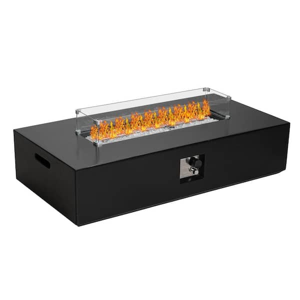 Tenleaf 56 in. 50000 BTU Black Terrazzo Rectangular Outdoor Propane Fire Pit Table with Glass Wind Guard