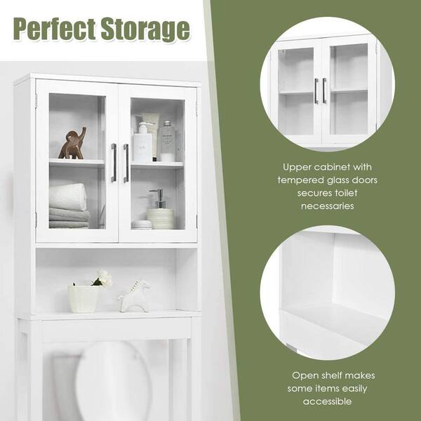 over the Toilet Storage Cabinet, Bathroom Shelf Organizer with Anti-Tip  Device Small Freestanding Space Saver with Adjustable Shelf and Glass Door,  White – Built to Order, Made in USA, Custom Furniture –