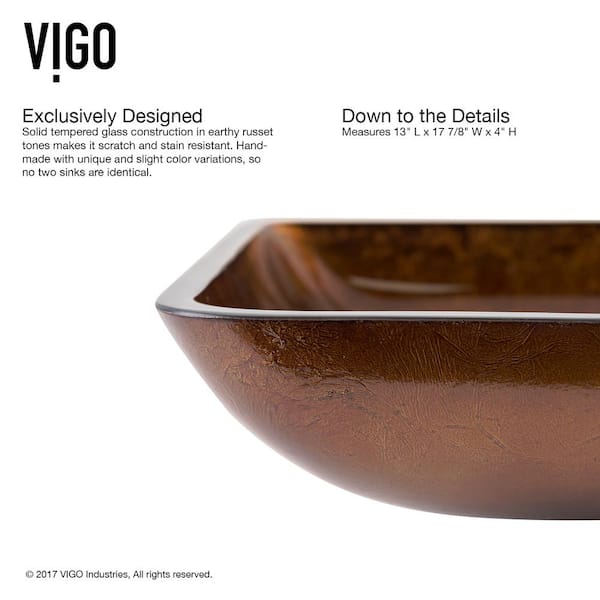 VIGO 18 Rectangular Russet Glass Vessel Bathroom Sink Set With Linus Vessel Faucet In Antique Rubbed Bronze