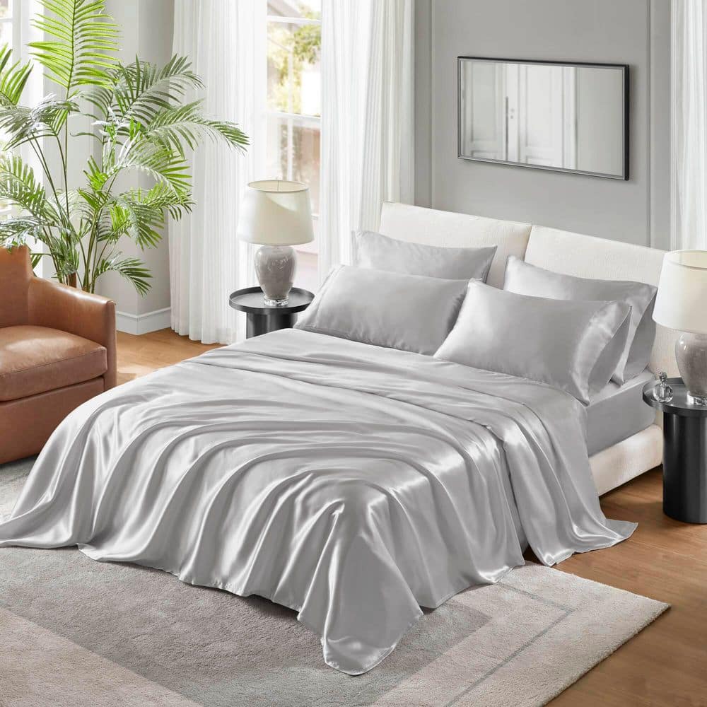 Light Grey Satin California King Sheet Set with Pillow Covers