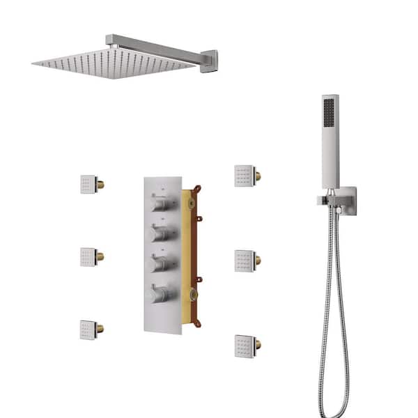 Boyel Living 6-Spray Wall Mounted Rainfall Shower Faucet, Dual Fixed and Handheld Shower Heads System 6 Body Jets in Brushed Nickel