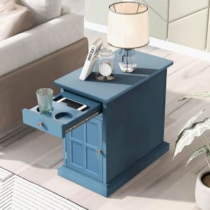 14 in. Antique Navy Rectangle Solid Wood End Table Side Table with USB Ports, Drawer, Cup Holders, No Assembly Need