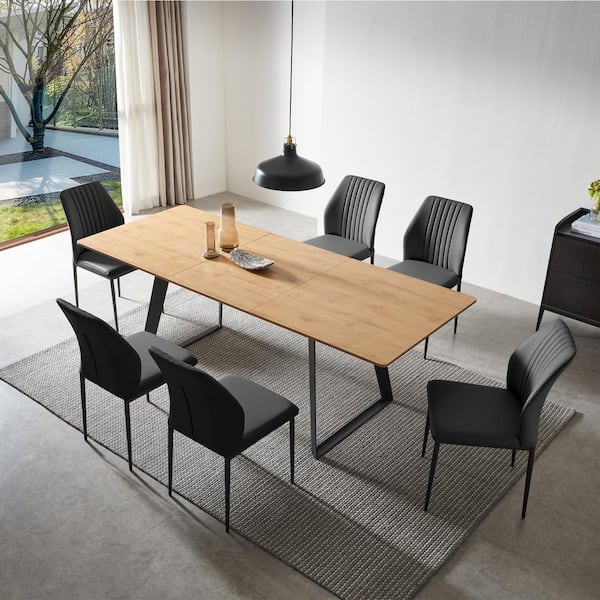 7-Piece Set of Black Chairs and Oak Rectangular Retractable Dining Table with Carbon Steel Legs and 6 Modern Chairs