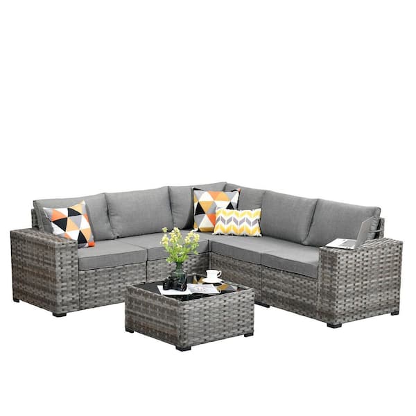 Baldwin Gray 6-Piece Wicker Wide Arm Outdoor Patio Conversation Sofa Sectional Seating Set with Dark Gray Cushions