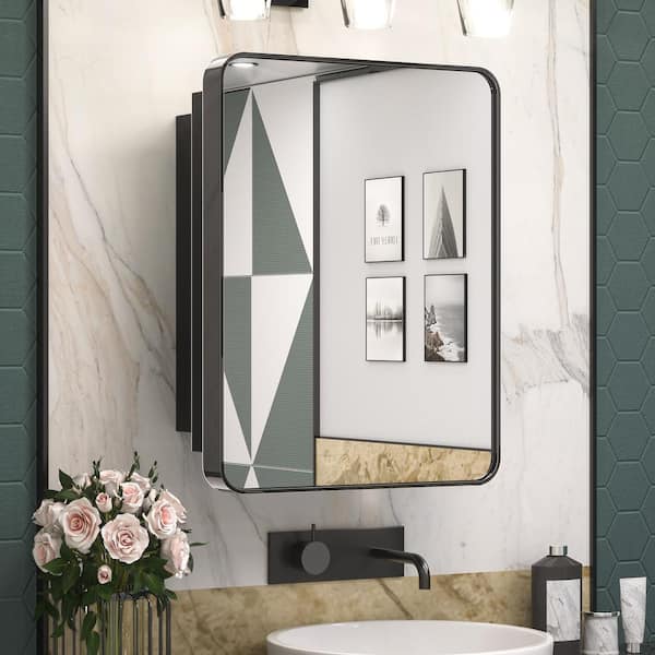 21 in. W x 27 in. H Rectangular Black Stainless Steels Framed Recessed/Surface Mount Medicine Cabinet with Mirror