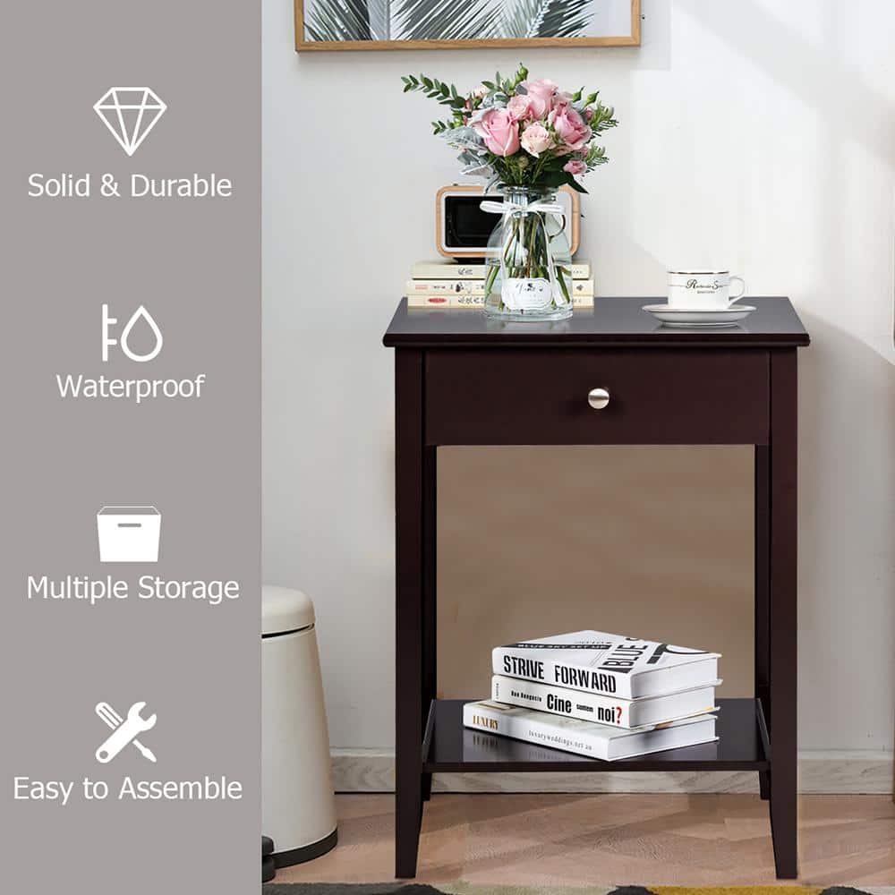 Compact Brown Wood Nightstand with Drawer and Shelf